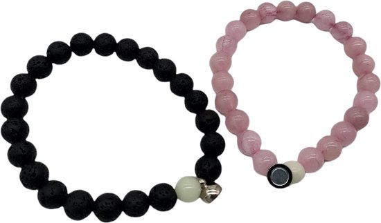 Armband set met magneet | Koppel armband | Licht roze Zwart kralen | Armband dames Armband heren - Romantisch cadeau - Vriendschap armband - Horend Goed Audiciens