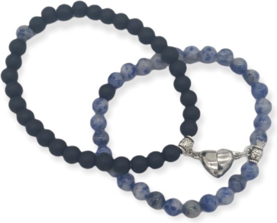 Armband set met magneet | Koppel armband | Blauw - Zwart kralen | Armband dames - Armband heren - Romantisch cadeau - Vriendschap armband