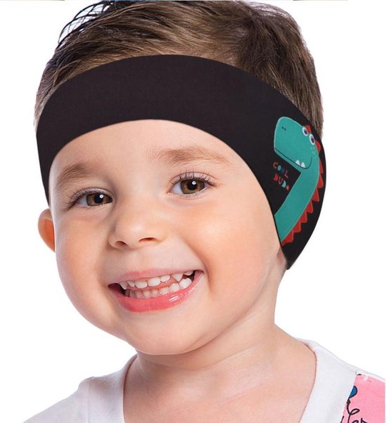 Hoofdband Zwemmen | Zwart met dino print | Kind 3 - 9 jaar | tegen water in de oren | oorontsteking