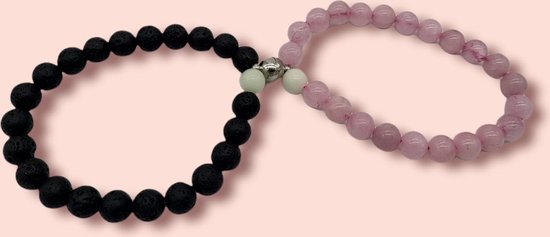 Armband set met magneet | Koppel armband | Licht roze - Zwart kralen | Armband dames - Armband heren - Romantisch cadeau - Vriendschap armband